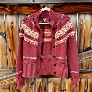 L.L. Bean Fair Isle Button Down Chunky Cardigan Dusty Rose color XS